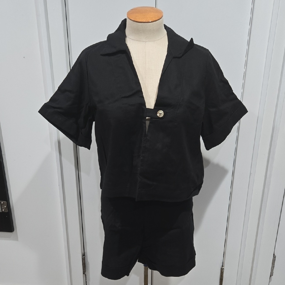 2-pc Linen Blend Black Short Set With Oversized Top Size Medium NEW